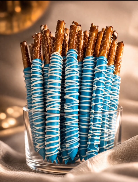 Baby blue chocolate-covered pretzel rods with white drizzle, arranged in a glass bowl
