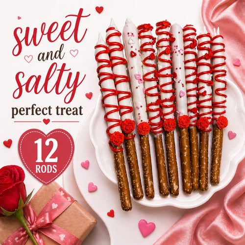 Chocolate-covered pretzel rods with red drizzle, roses and heart decorations