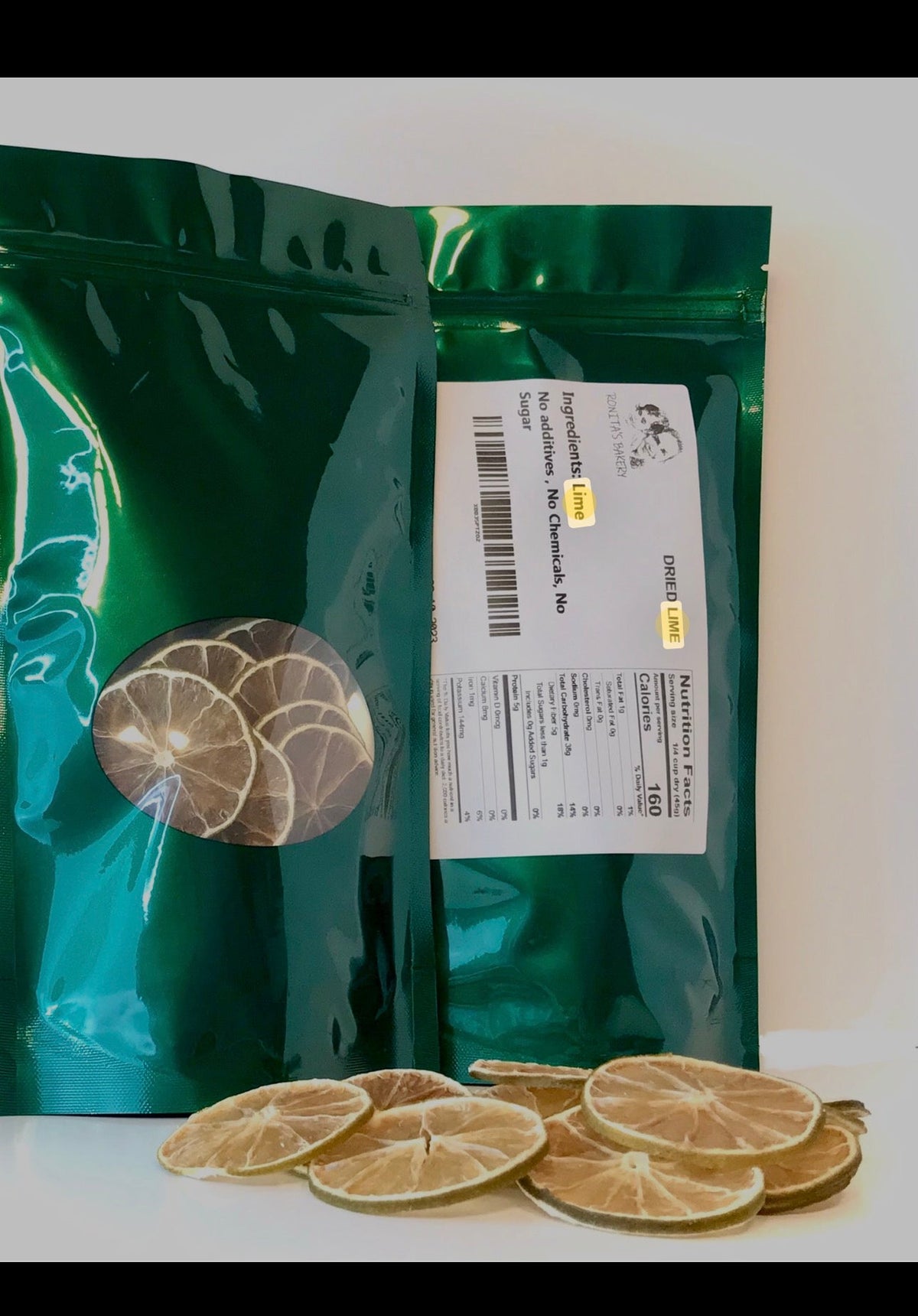 Ronita's Bakery dried lime slices 3 oz packaged in green resealable pouch
